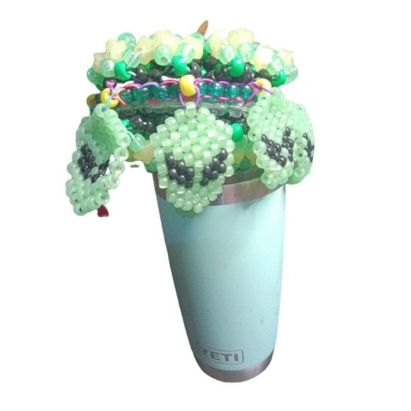 Green Glow-in-Dark Aliens Face Hanging from Kandi Rotating Cuff EDC Handmade !! - Picture 5 of 10